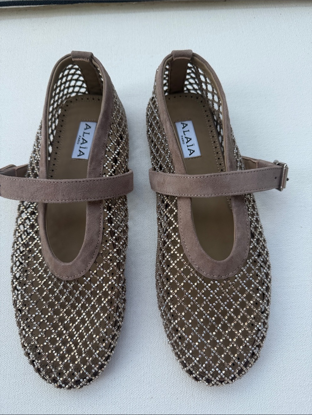 Alaia Taupe Mesh Mary Jane Flats with Crystal Embellishment size 39 (9)
